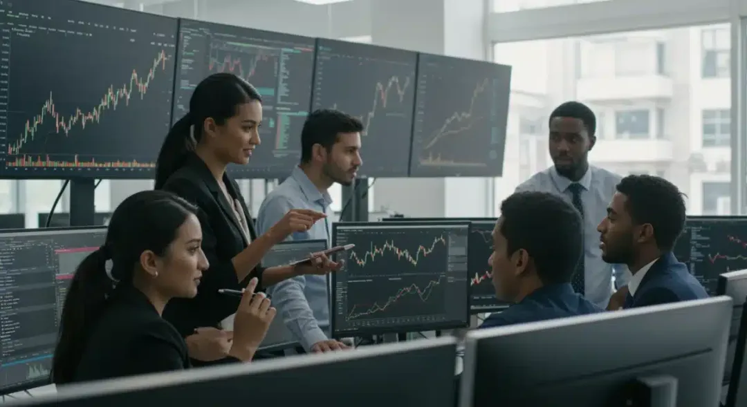 Financial analysts discussing Q4 2025 market trends