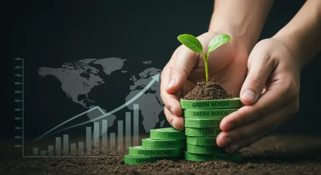 Hands holding a seedling on green bonds, symbolizing sustainable investment growth.