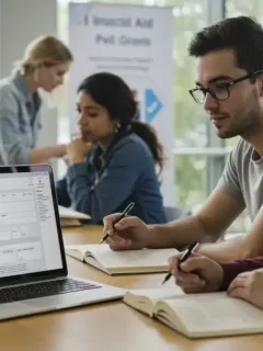 Diverse college students studying, focusing on financial aid forms and textbooks