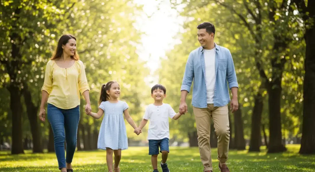 Happy family walking in a park, symbolizing financial security with Child Tax Credit.