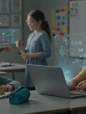 Students interacting with AI-enhanced learning tools in a modern K-12 classroom setting, illustrating the future of education.