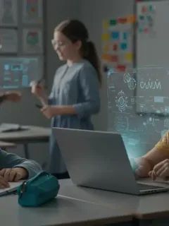 Students interacting with AI-enhanced learning tools in a modern K-12 classroom setting, illustrating the future of education.