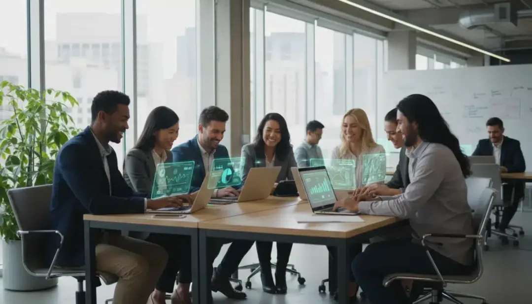 Diverse U.S. professionals upskilling with micro-credentials, actively learning in a modern co-working environment.