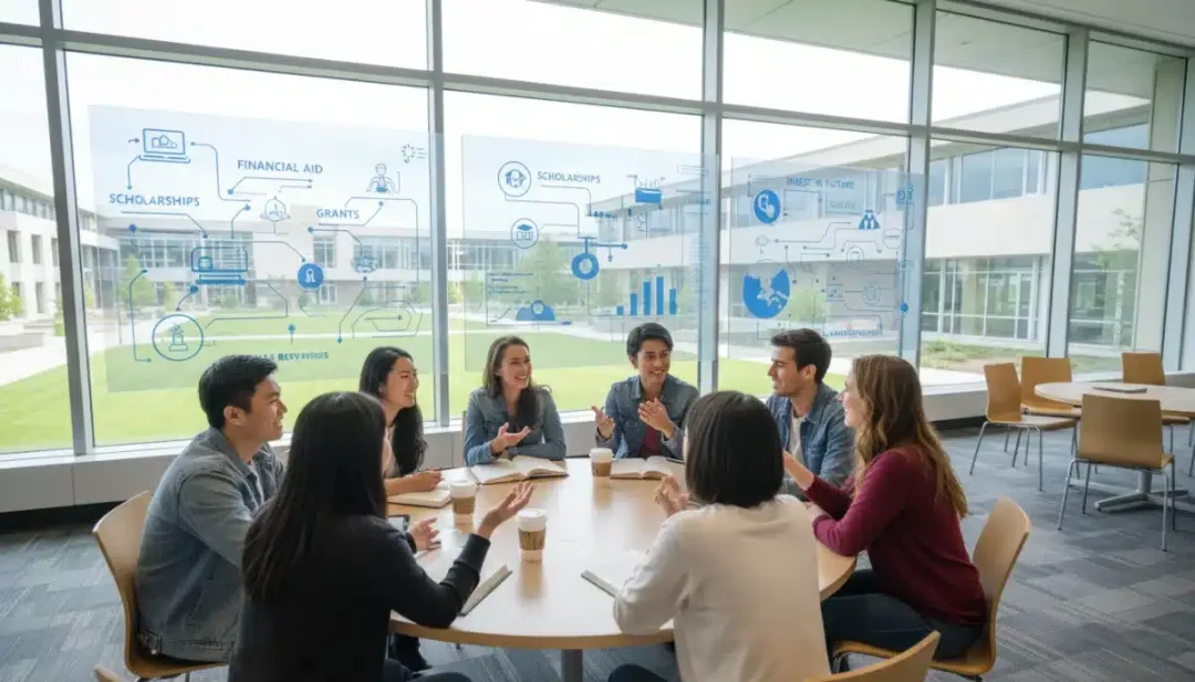 College students discussing higher education affordability solutions on a modern campus.