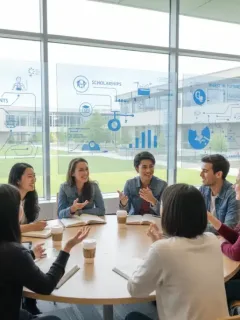 College students discussing higher education affordability solutions on a modern campus.