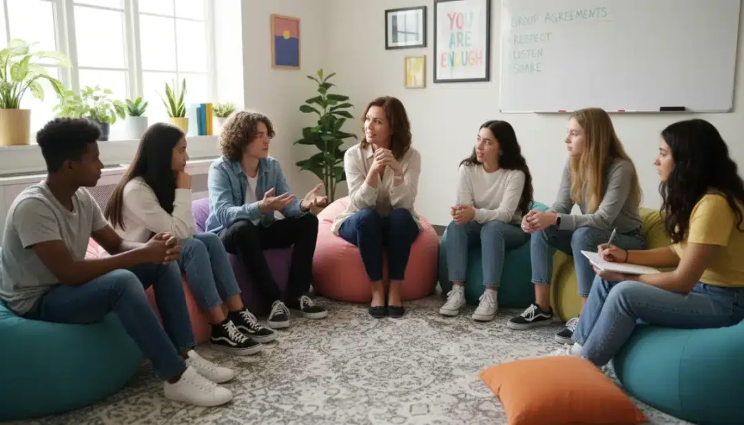 School counselor leading a group therapy session for teenagers