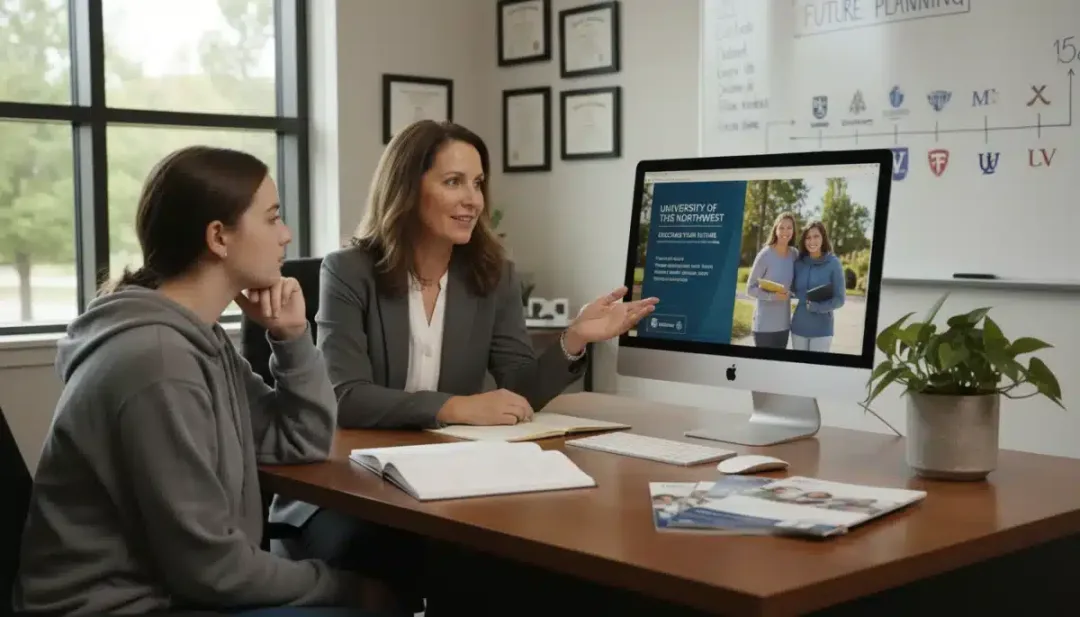 School counselor offering academic and career guidance to a high school student
