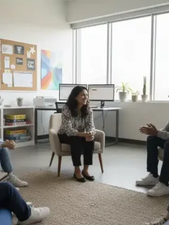 School counselor engaging with diverse students in a modern office setup