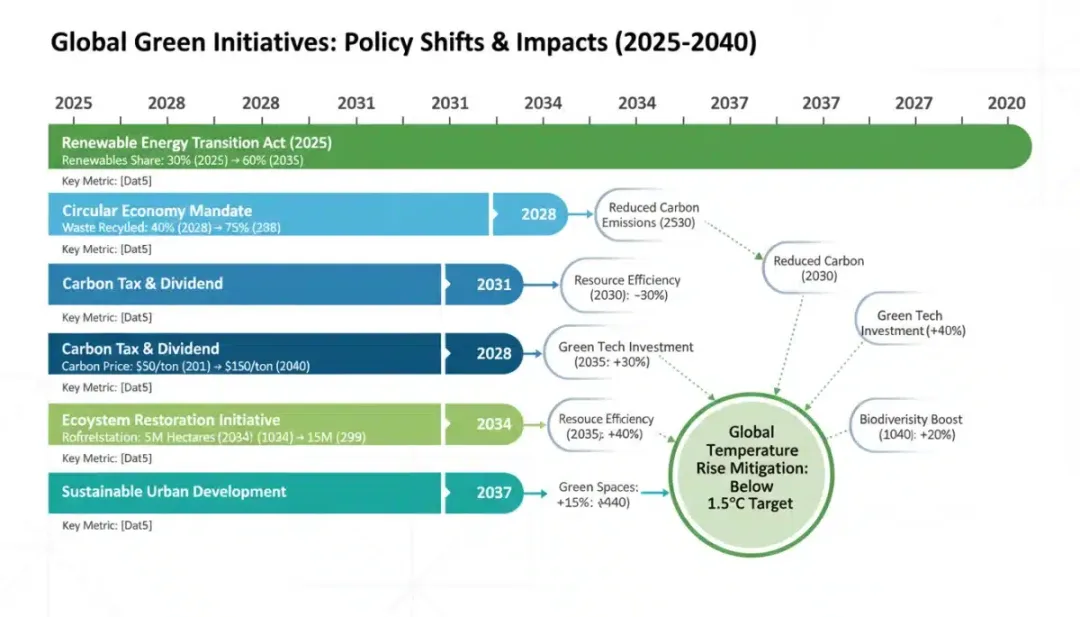 Infographic detailing the timeline and key metrics of five environmental policy changes.