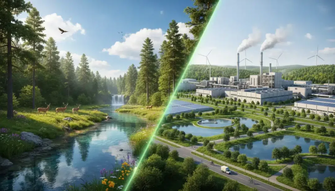 Comparison of environmental policy impacts on natural landscapes and industrial zones.