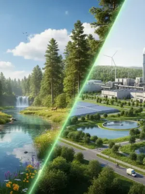 Comparison of environmental policy impacts on natural landscapes and industrial zones.