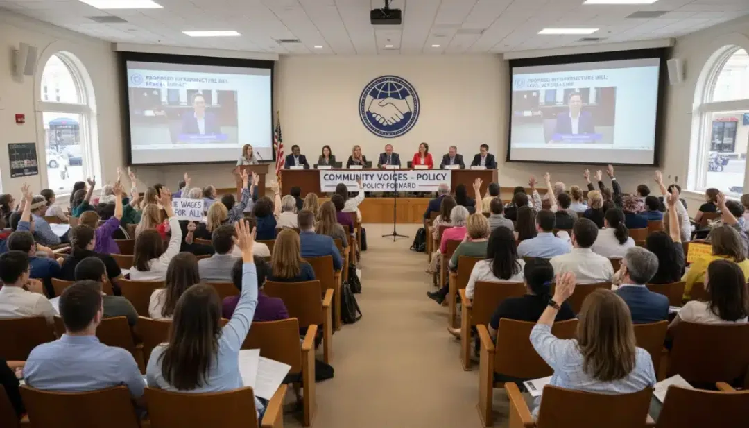 Diverse community at town hall meeting, public policy impact