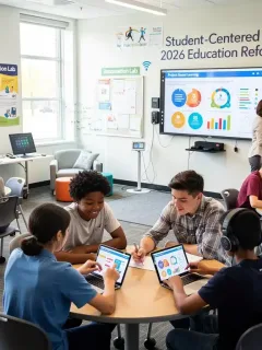 Students and teachers collaborating in a modern classroom, reflecting educational reform.