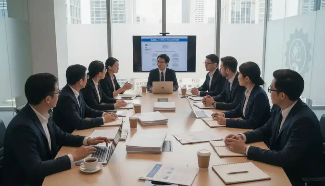 Tech executives and legal experts discussing new AI regulations.