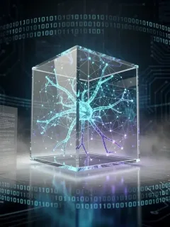 Futuristic AI neural network with data streams and regulatory documents