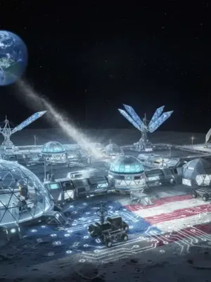 Futuristic lunar base concept for NASA 2026 missions, showcasing advanced U.S. technology.