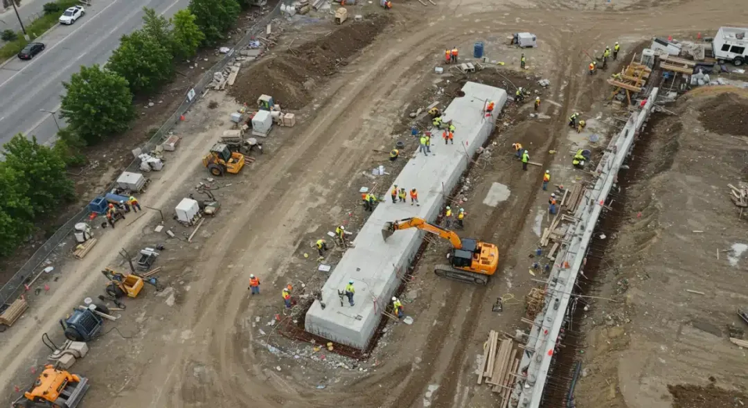 Aerial view of construction site with heavy machinery building a new bridge, representing infrastructure development.