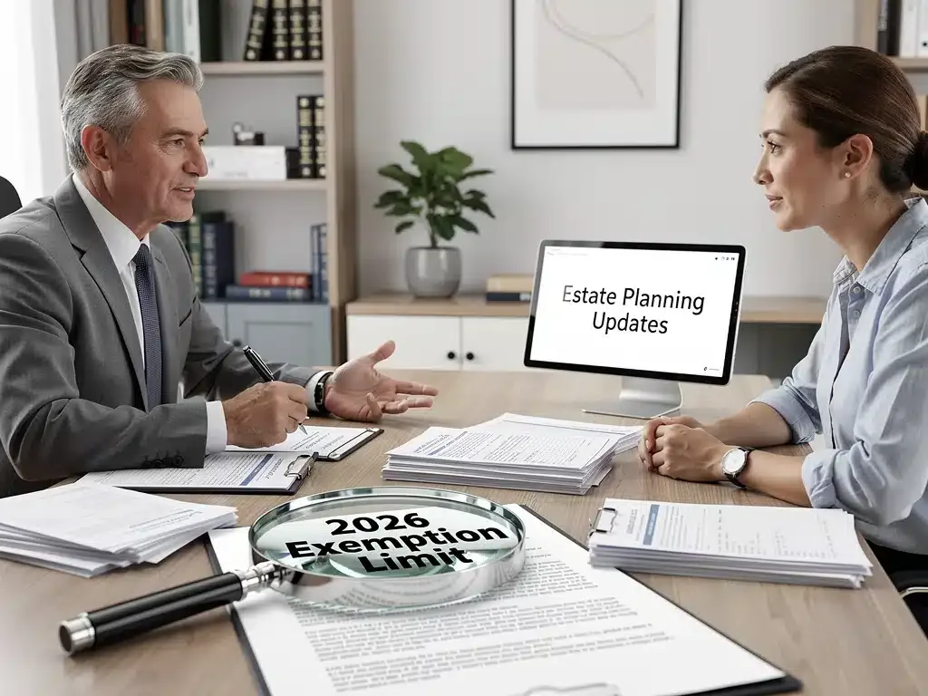 Estate planning documents with a magnifying glass highlighting the 2026 exemption limit