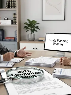 Estate planning documents with a magnifying glass highlighting the 2026 exemption limit