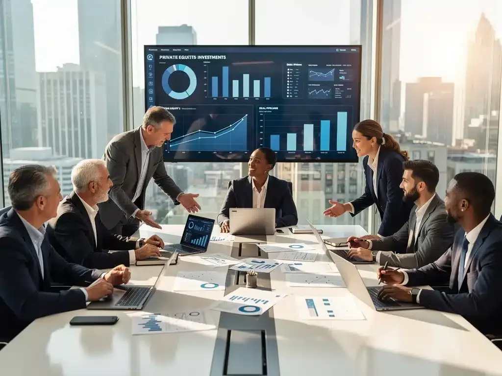Professionals discussing strategic private equity investments with charts and digital projections.