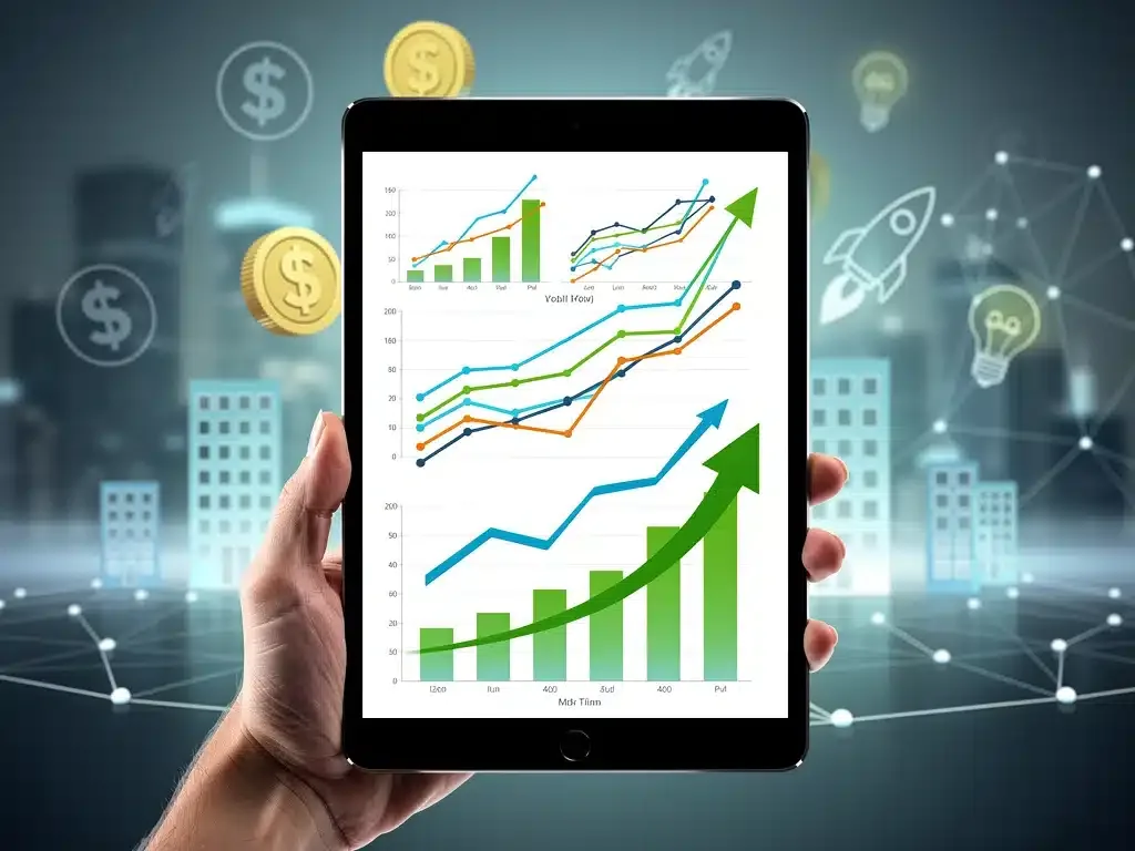 Hand holding tablet with upward trend graphs, symbolizing venture capital growth and startup innovation.