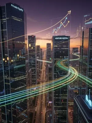 Futuristic cityscape with digital financial data flows representing alternative investments in 2026.