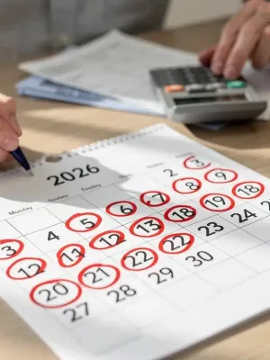 Calendar with 2026 dates circled, symbolizing critical Social Security deadlines.