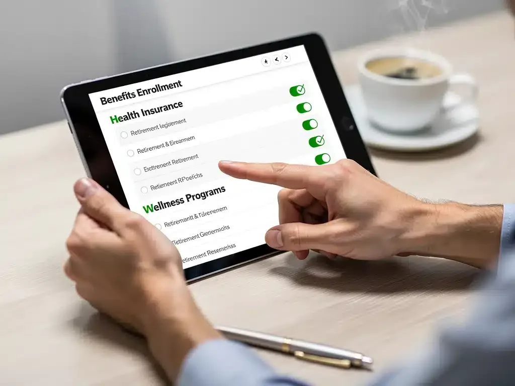 Hands navigating a digital benefits enrollment form on a tablet, focusing on health and retirement options.