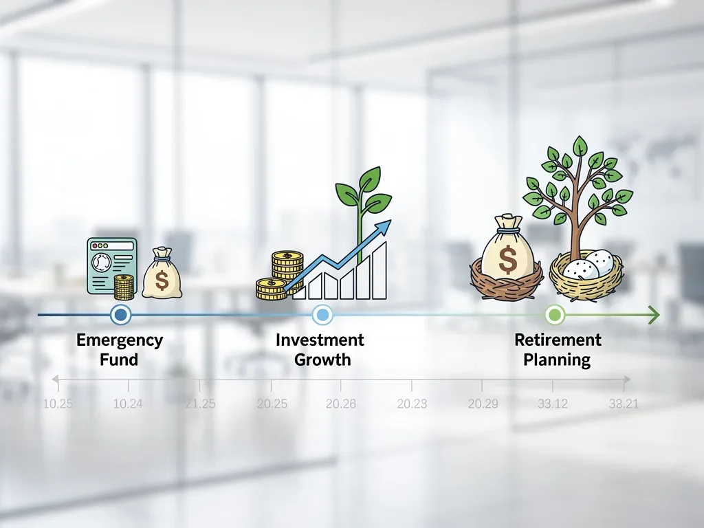 Financial roadmap illustrating long-term financial planning milestones including retirement and investment growth.