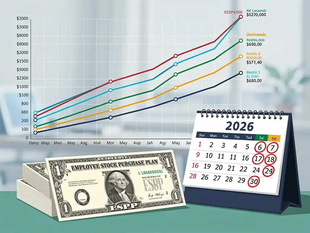Financial graph illustrating potential returns for Employee Stock Purchase Plans (ESPP) in 2026, with comparative data.