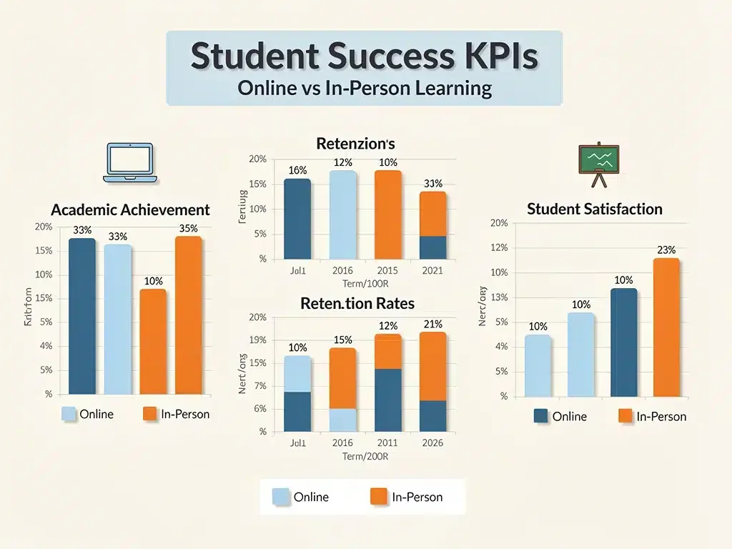 Student success metrics comparison: online vs. in-person learning data.