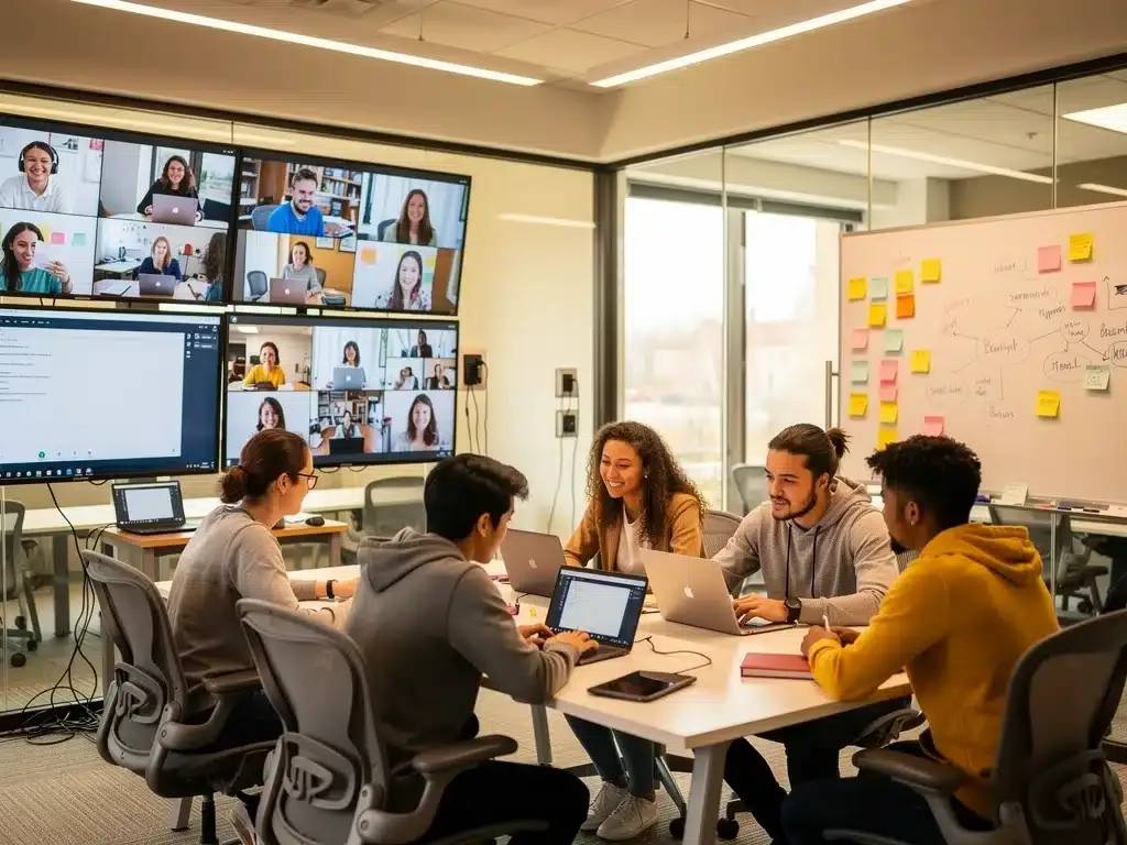 Hybrid learning environment with students collaborating both online and in-person.