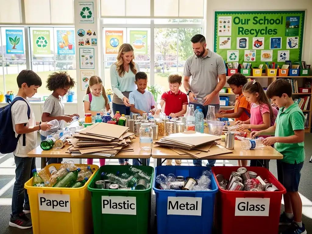Students and teachers engaged in school waste reduction and recycling efforts.