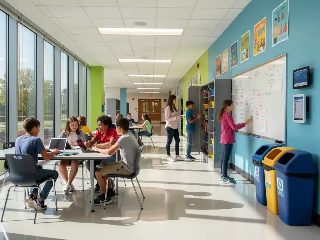 Students learning in a well-maintained, resource-optimized school environment.