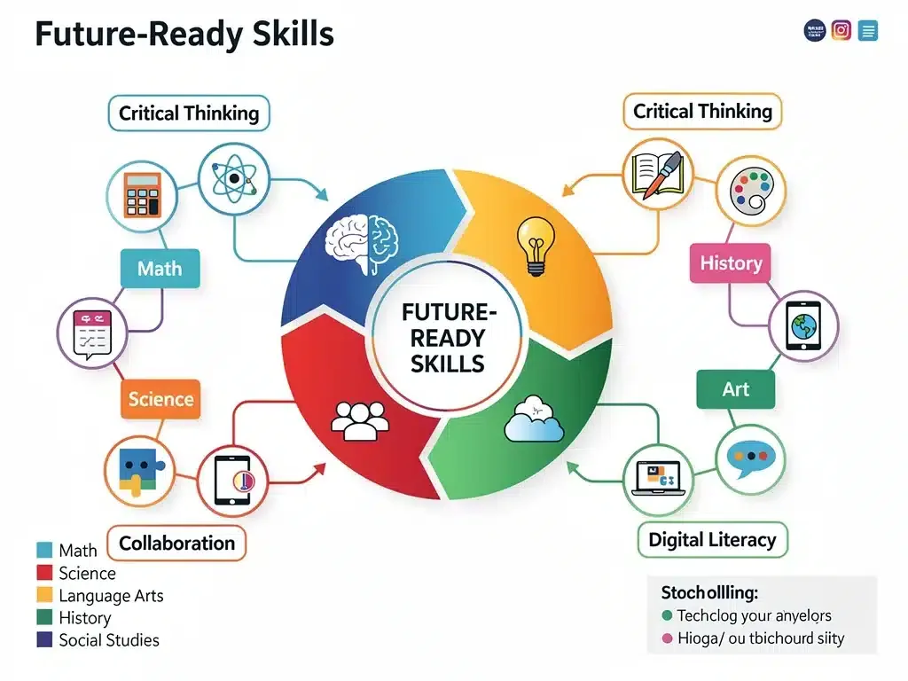 Infographic showing future-ready skills linked to curriculum subjects.