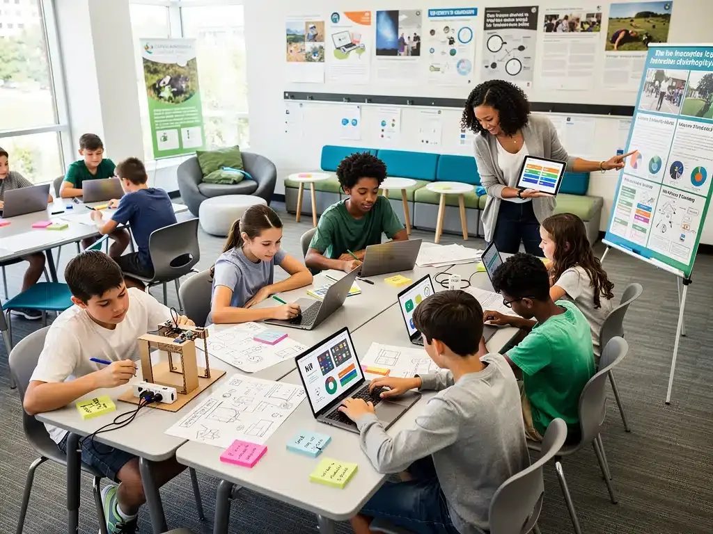 Students engaged in project-based learning in a modern classroom setting.
