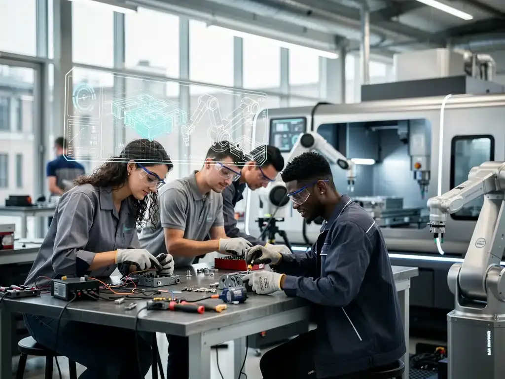 Students learning modern vocational skills in a high-tech environment for 2026.