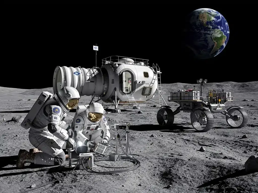 Astronauts working on the lunar surface near a habitat.