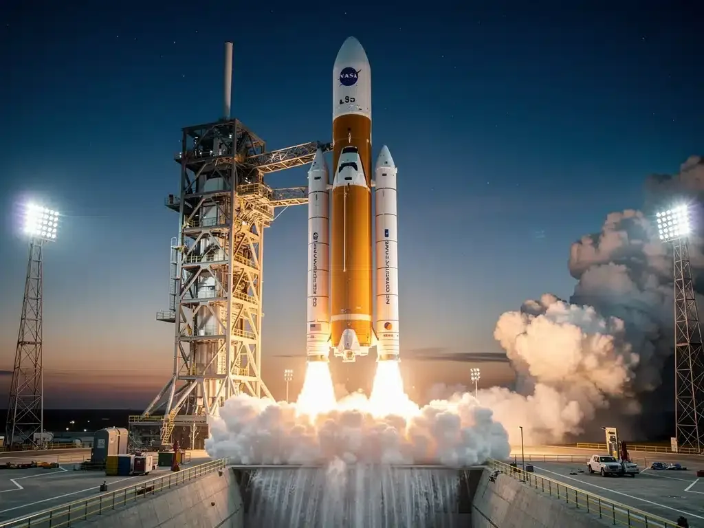 Space Launch System rocket on launchpad preparing for liftoff.