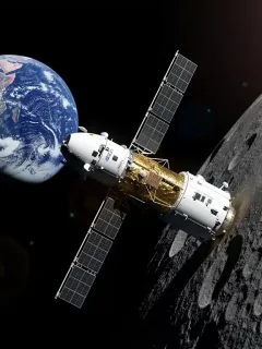 NASA Orion spacecraft approaching the Moon, with Earth in the distance.