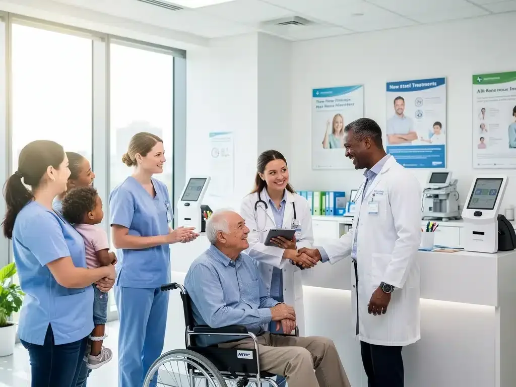 Patients and doctors discussing new treatment options in a clinic