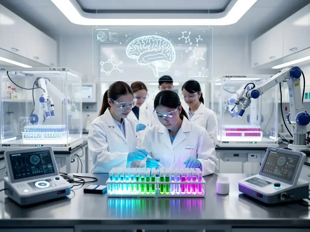 Scientists observing breakthrough therapy in a futuristic lab