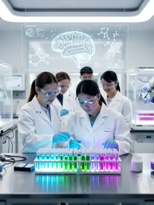Scientists observing breakthrough therapy in a futuristic lab