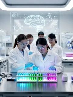 Scientists observing breakthrough therapy in a futuristic lab