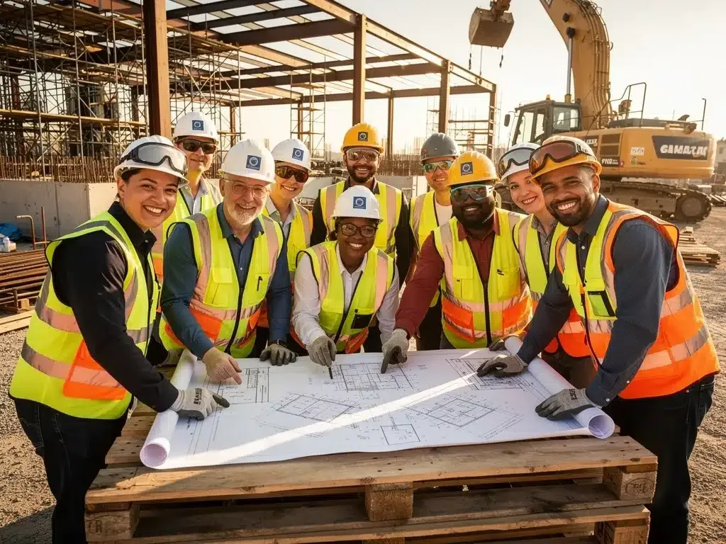Diverse construction workers reviewing blueprints, symbolizing job creation