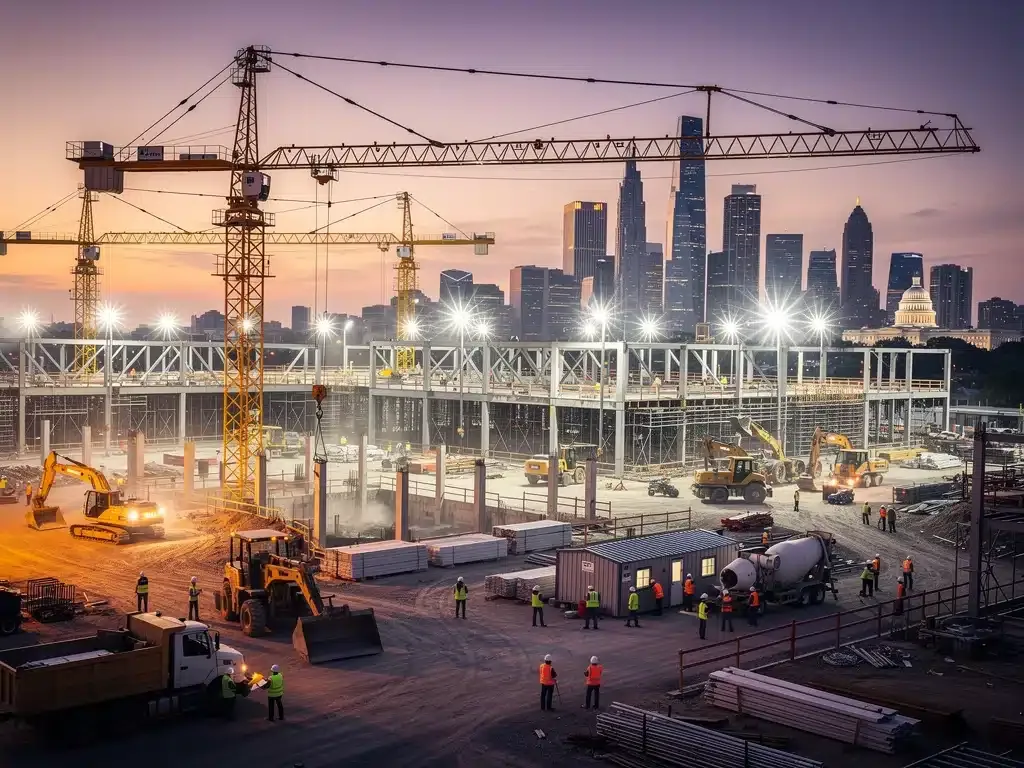 Construction site with cranes and workers symbolizing White House infrastructure bill progress