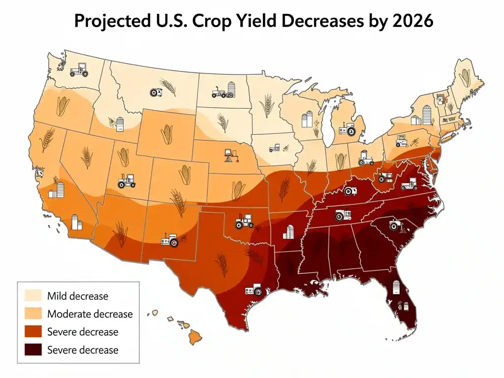 Map showing projected US crop yield decreases by region