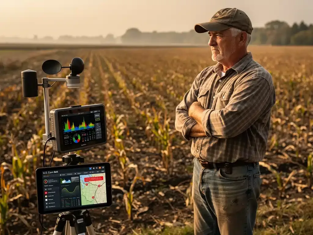 Farmer assessing struggling corn crops due to climate shifts