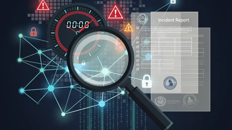 Illustration of a magnifying glass examining a cybersecurity incident, with a four-day countdown timer.