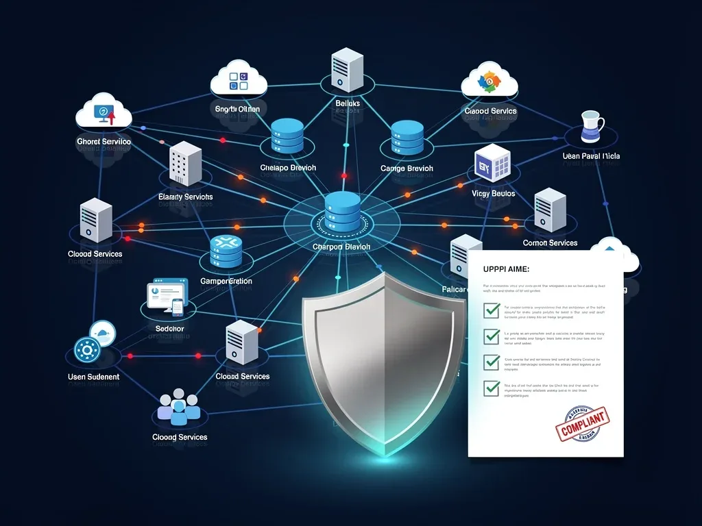 Network diagram depicting cybersecurity vulnerabilities and compliance requirements for public companies.